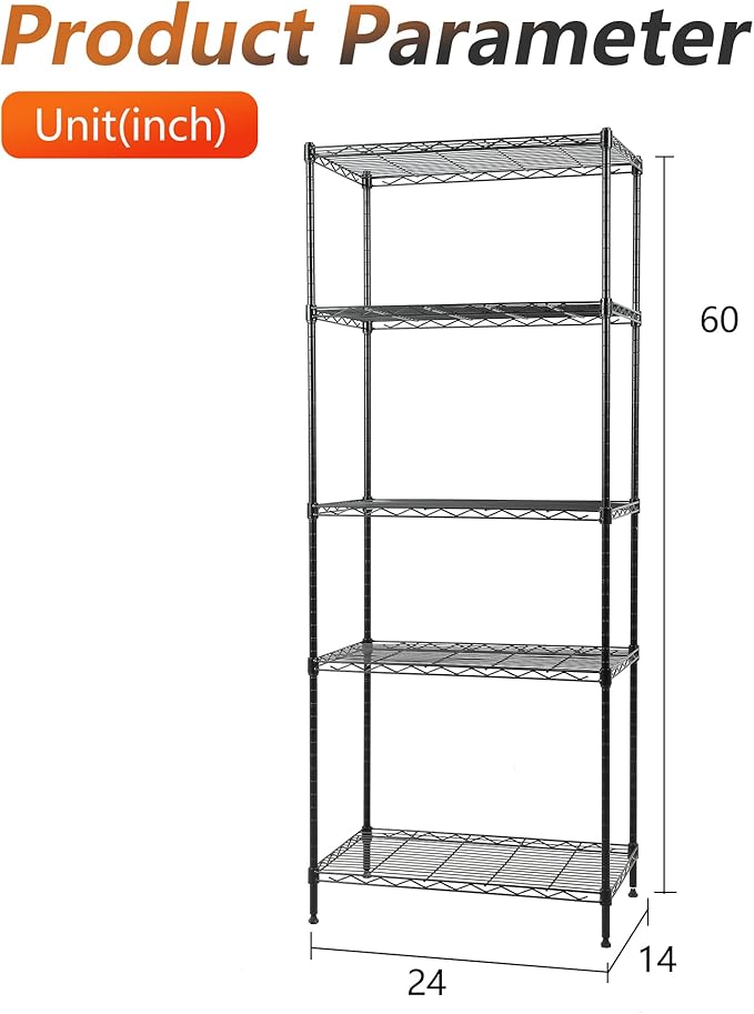 FDW | 5-Tier Wire Storage Shelves | 24"x14"x59" | Black | Adjustable Racks | Heavy-Duty Metal Shelf, Holds Upto 500 lbs | Tool-Free Assembly, Rust-Resistant | for Home & Garage Shelving