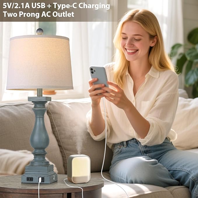 28" Tall Farmhouse Table Lamp with USB C+A Ports and AC Outlet, 3 Way Touch Control Rustic Bedside Lamp for Bedroom, Blue Vintage Nightstand Lamp for Living Room Office