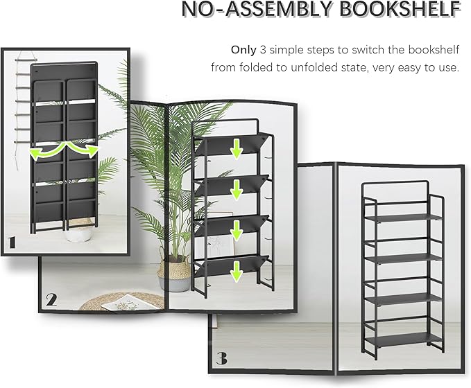 4NM No Assembly Folding Bookshelf, 4-Shelf 54" H Collapsible Foldable Bookcase Storage for Small Spaces, All Black