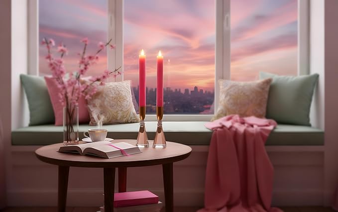 Flameless Taper Candles Flickering with Remote and Timer, 3D Moving Flame Taper Candle Battery Operated to 400 Hours, 9 Inch Window Candles, (Pink-Vertical Stripes)