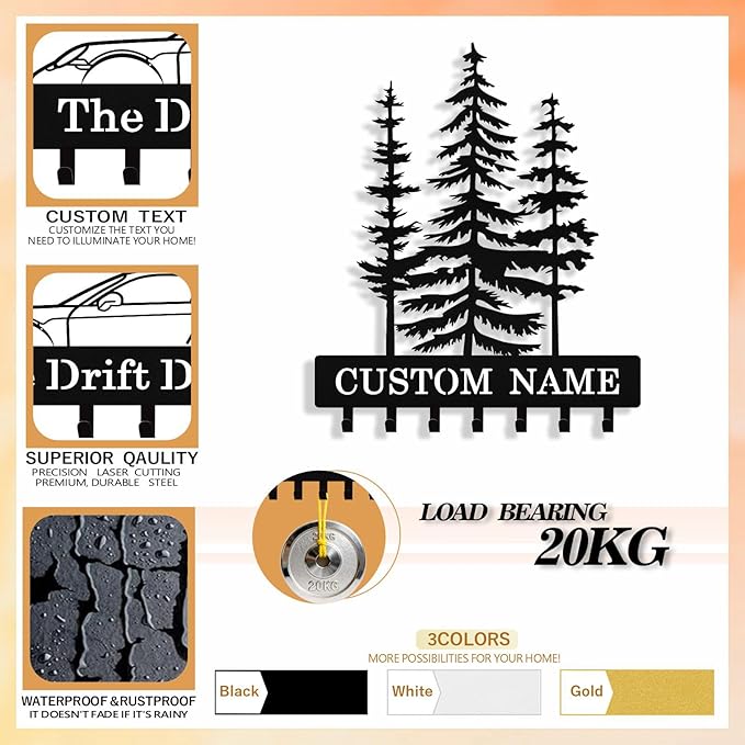Personalized Key Holder Wall Mount, Custom Metal Pine Tree Keys Holder for Wall with Name, Wall Key Hanger Rack with Hooks for Entryway, Front Door, Living Room, Kitchen, Bathroom, Garden