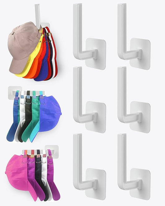 Hat Rack for Hat Storage (6-Pack), Multi-Purpose Hat Organizer, Strong Adhesive Hat Hooks for Wall Hat Organizer for Baseball Caps, Two Mounting Options Hat Hook, White