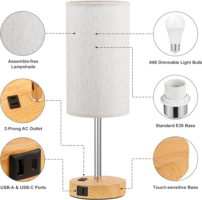 Fenmzee Touch Table Lamp - Cream, 3-Way Dimmable, USB A + C Charging, AC Outlet, 17.4inch Medium, Wood Grain Base