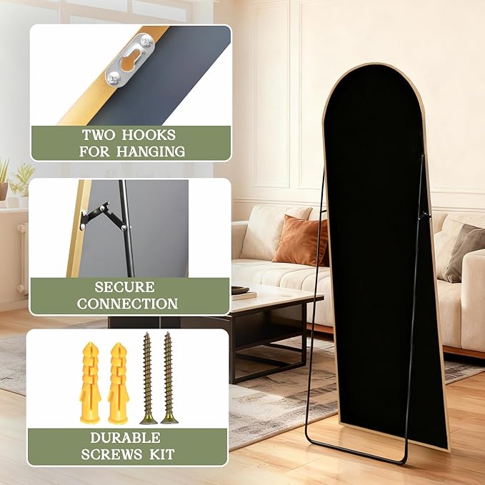 MISSDAY 64"x21" Arched Full Length Mirror, Gold Full Body Mirror with Stand, Floor Mirror Long Free Standing, Leaning or Hanging, Aluminum Thin Frame Wall-Mounted Mirrors Wall Mirrors for Bedroom