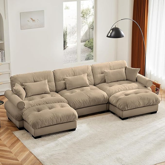 130" Oversized Couch, 3 Seater Modular Sectional Sofa, Camel Large U Shaped Sectional Couches for Living Room, Fluffy Couch Set, 3 Seater, Velvet Cloud Couch with Ottoman, Sofas for Living Room