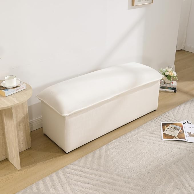 45.5 Inch Storage Ottoman Bench, Modern Upholstered Linen End of Bed Bench with 2 Safety Hinge, Entryway Bench with Seating for Bedroom Living Room, Beige