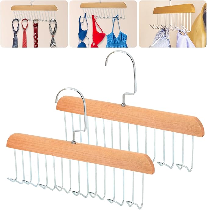 2Pcs Anti Slip Multi Hook Coat Racks,Bra Hangers for Closet Organizer with 8 Hooks 360 °Swivel Belt Hanger for Closet for Belt, Tie, Tank Top, Bra, Scarf (Beige)