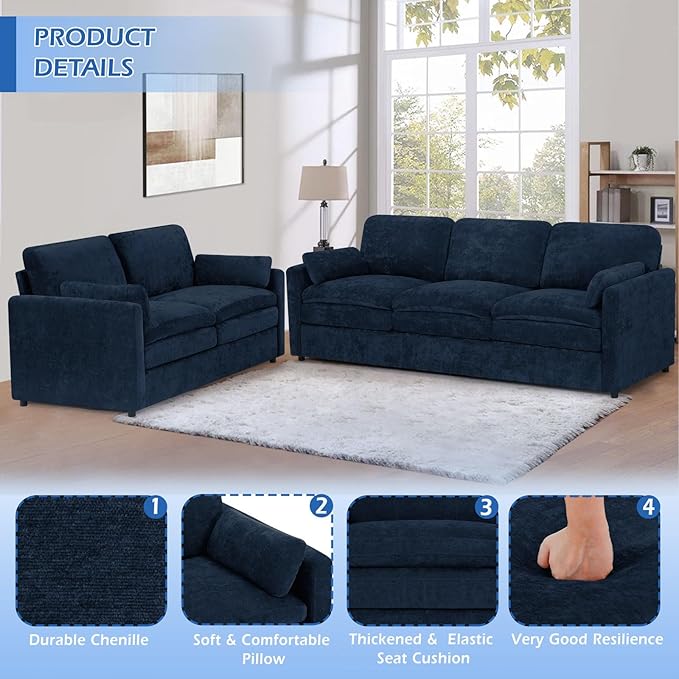 2 Pieces Chenille Sofa Set w/Arm Pillows, Upholstered Loveseat & 3 Seater Sofa w/Comfortable Back Cushions, Modern 2-Seat & 3-Seat w/High-Density Foam for Living Room, Apartment, Blue
