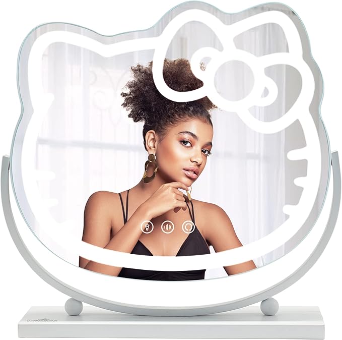 Impressions Vanity Hello Kitty Kawaii Desk Mirror with Lights and Adjustable Tilt, Multi Color Changing LED Strip Lighted Makeup Mirror with Touch Sensor Dimmer Switch for Desk