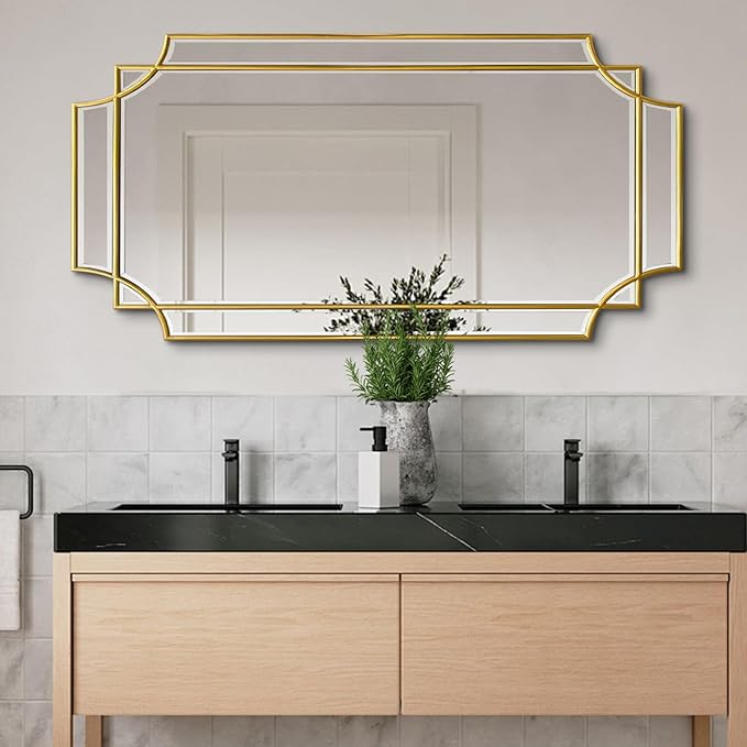 Gold Beveled Mirror, 24"x47.2" Bathroom Mirrors for Over Sink, Large Rectangle Vanity Mirror, Modern Elegant Decorative Mirrors for Living Room Bedroom Fireplace Entryway Hallway