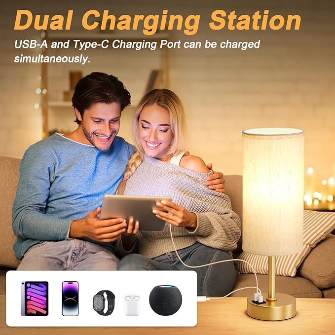 Dicoool Elegant Gold Touch Table Lamp, Modern Wedding Gift for Couples, Bedside Lamps with USB-C USB-A Charging Ports, 3 Way Dimmable Small Lamp for Office, Bathroom, Living Room，Christmas Gift