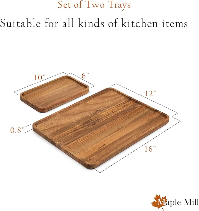 Acacia Rectangle Wooden Tray - 2 Sizes 16" X 12" and 10" X 6" - Food Safe Serving Tray - Large & Small Wooden Trays Combination - Durable Wood Display Tray for Coffee Party or Home Decor