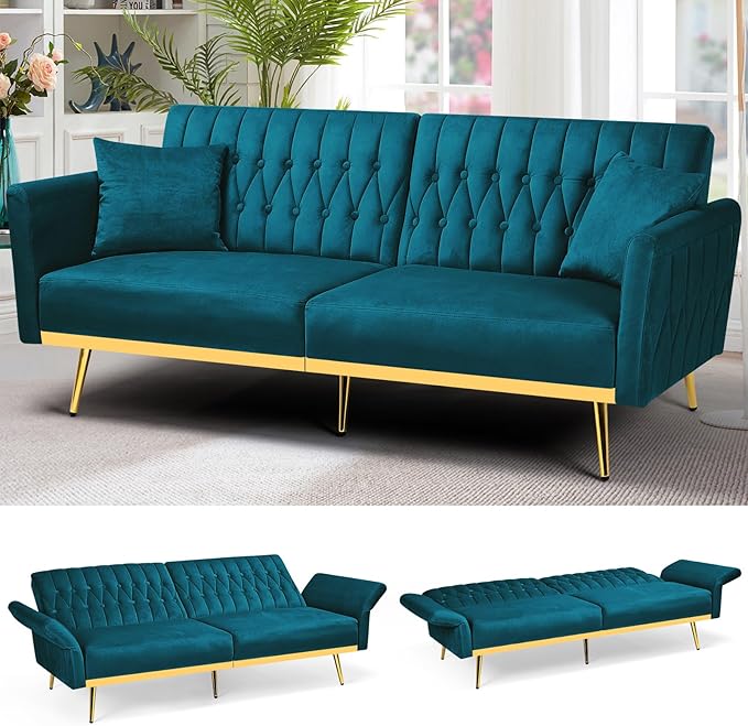 70” Velvet Futon Sofa Bed w/Adjustable Armrests and Backrest, Convertible Futon Couch w/2 Pillows, Modern Sleeper Bed for Living Room, Bedroom, Teal