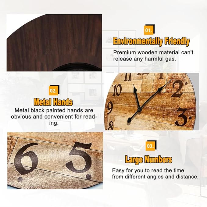 24 Inch Silent Large Wall Clock Battery Operated for Farmhouse Kitchen,Non-Ticking Retro Wall Clock with Big Numbers for Living Room,Vintage Wood Clock for Bedroom Home Country Office School