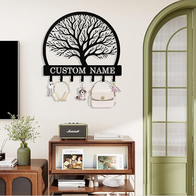 Personalized Key Holder Wall Mount, Custom Tree of Life Metal Keys Hanger for Wall with Name, Custom Key Rack Holder with Hooks for Home, Entryway, Front Door, Living Room, Kitchen, Bathroom