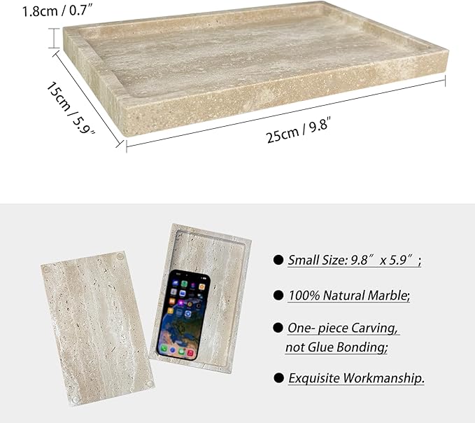 Natural Travertine Stone Perfume Tray, 9.8"x5.9" Marble Vanity Tray for Bathroom/Kitchen/Coffee Table