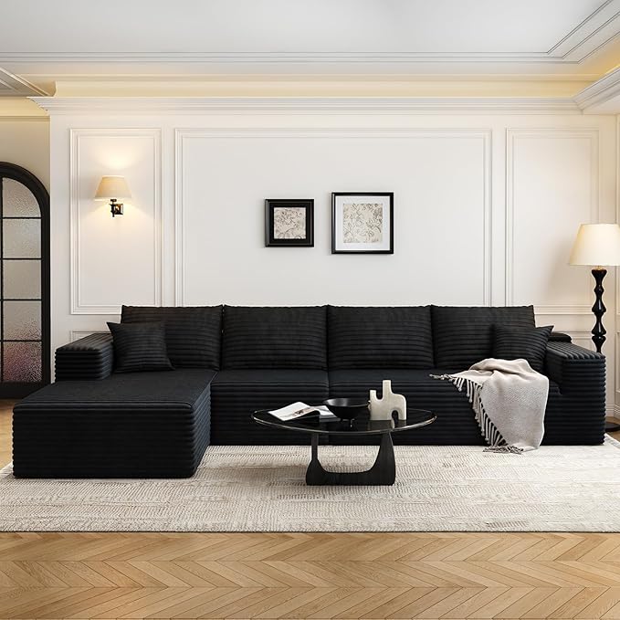 135.4" Cloud Modular Sectional Sofa Couch with L-Shape Chaise,Modern Minimalist Upholstered Couches for Living Room Bedroom,Deep Seat Corner Couch，No Assembly Required (Black,Left Facing Chaise)