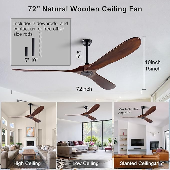 72 inch Ceiling Fan no Light, Quiet Reversible DC Motor Wood Ceiling Fan without Light, 3 Blades Large Modern Ceiling Fan with Remote Control for Outdoor Indoor Farmhouse Patios