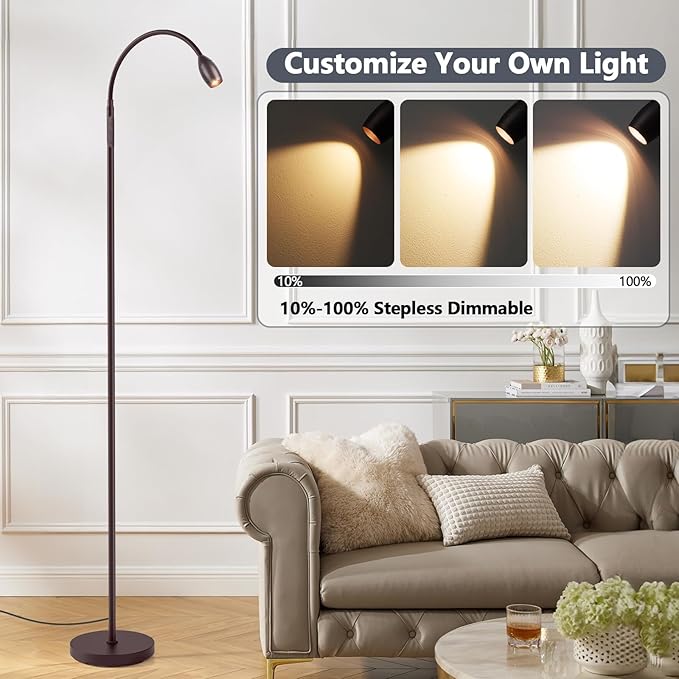 Reading Floor Lamp, 72" Tall LED Lamp with Flexible Gooseneck, Dimmable Zoomable Spotlight, Adjustable Color Beam Standing Lamp, Touch & Remote Control, Task Craft Living Room (Oil-Rubbed Bronze)