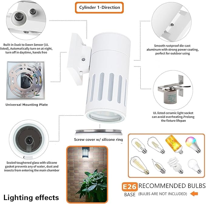 Dusk to Dawn Sensor Outdoor Wall Lantern, Exterior Lighting - ETL Listed, Die-cast Aluminum Anti-Rust Waterproof Wall Mount Cylinder Design – Up/Down Light Fixture for Porch, Garage or Doorway