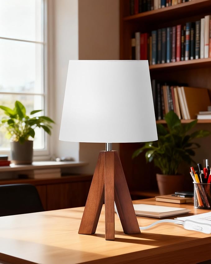 Tripod Table Lamp, Small Bedside Lamp with White Fabric Shade & Dark Wood Base, Modern Nightstand Lamp, Little Cute Desk Lamp for Bedroom, Kids Room, Living Room, Office, Study, LW51TL05