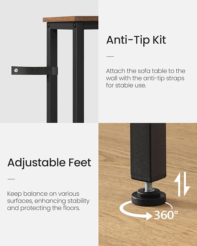 62.99" Narrow Console Table with Power Outlet 7.1" Skinny Sofa Long Behind Couch Table with Charging Station for Hallway, Living Room Rustic Brown and Black TXG16UBF