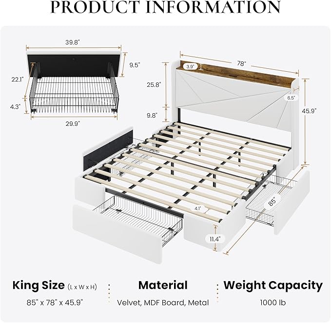 SHA CERLIN King Size Bed Frame with 3 Drawers, USB & Type-C Charging Ports, Velvet Upholstered Platform Bed with Modern Geometric Wingback Storage Headboard, No Box Spring Needed, Easy Assembly, White