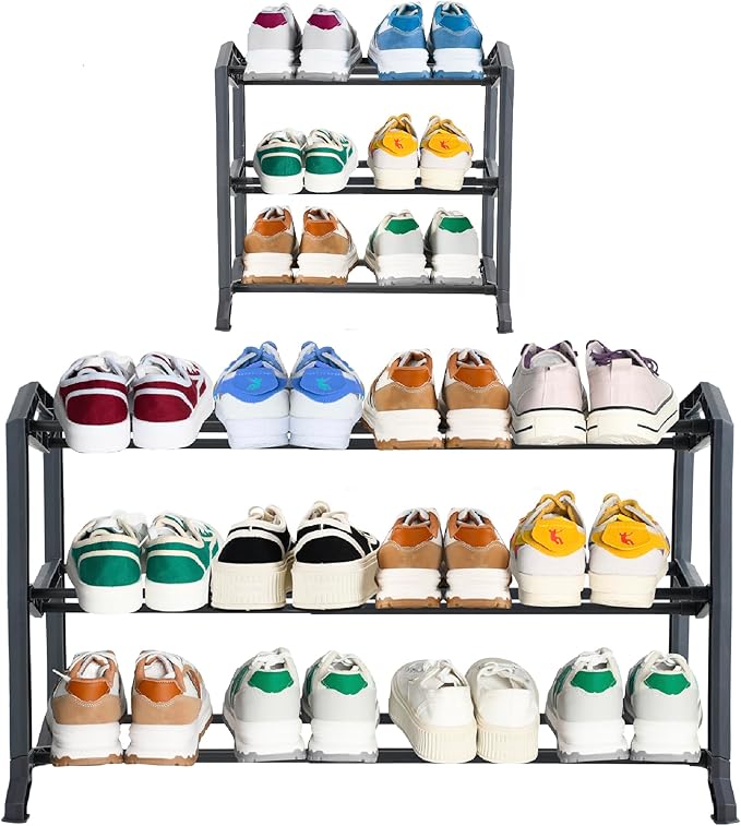 happhom 3-Tier Expandable Shoe Organizer, Space Saver Shelf with Smart Design, Small Shoe Rack for Entryway, Cabinet and Small Spaces, Dark Grey (CSR-02)