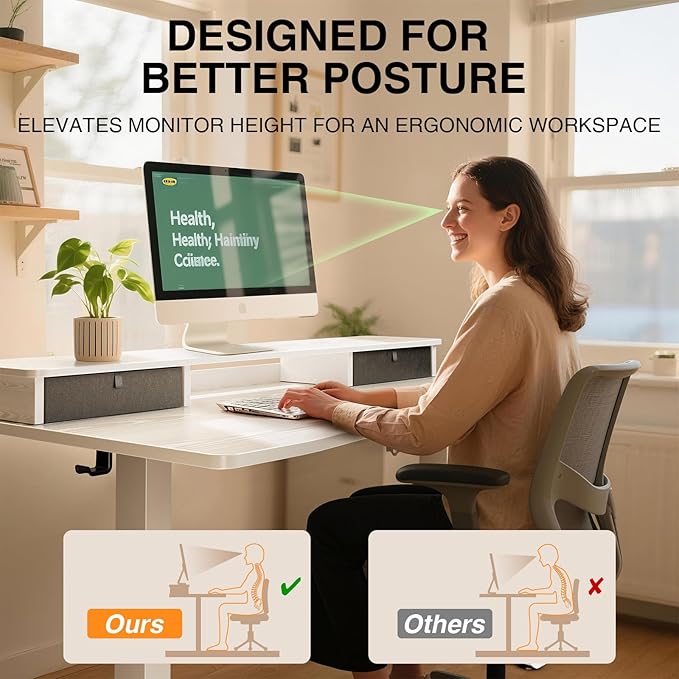 Veken 47.2"×27.6" Home Office Standing Desk with Monitor Riser, Adjustable Computer Desk with Drawers, Ergonomic Desk for Work, Study, Gaming, Crafting, White