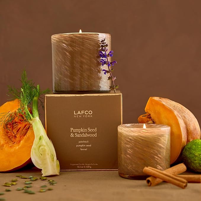 LAFCO New York Holiday Signature Fall Candle, Pumpkin Seed & Sandalwood - 15.5 oz - 90-Hour Burn Time - Reusable, Hand Blown Glass Vessel - Made in The USA