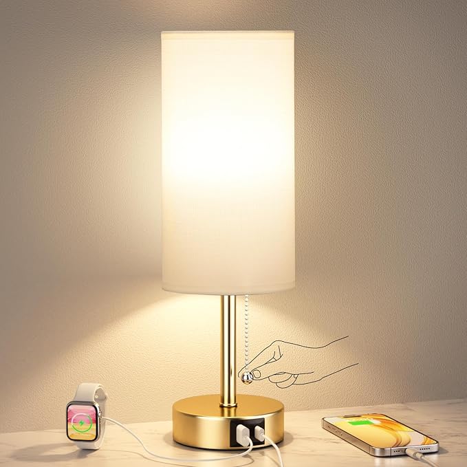 Gold Bedside Lamp for Bedroom Nightstand - Small Table Lamp with USB A + C Charging Port, 3 Color Temperatures Pull Chain Night Stand Light, Side Table Desk Reading Lamp for Living Room/Dorm Room