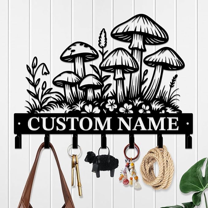 Customized Keys Holder - Personalized Mushroom Wonderland Key Hooks Wall Metal Sign Decor,Wall Holder,Door Hook (Style H)