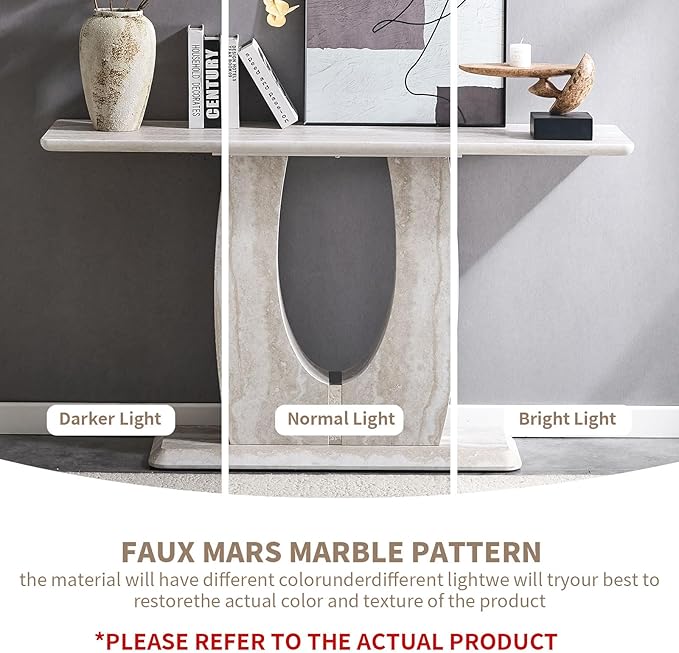 LKTART 55" MDF Console Table for Entryway, Narrow Entryway Table with Faux Mars Marble Pattern, Couch Tables Behind Sofa with U-Shaped Base for Living Room Hallway Foyer, Light