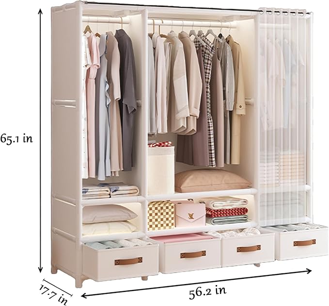 Portable Closet,Portable Closets for Hanging Clothes,Japanese Style Garment Rack Clothing Rack with 4 Drawers,3 Hanging Rods and 6 Storage Shelves,56.2" L x 17.7" W x 65.1" H,White