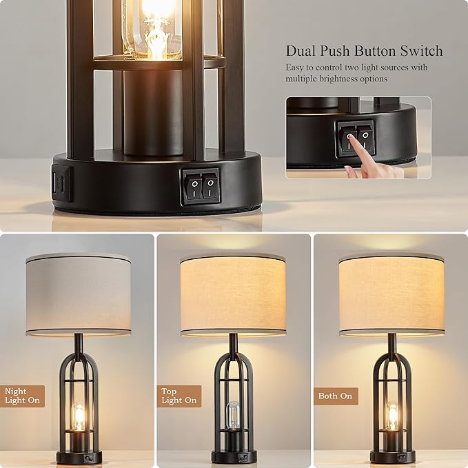 Black Table Lamps for Living Room Set of 2 - Farmhouse Industrial Lamps for Night Stands with Night Light & USB A+C, 24" Rustic Bedside Lamp for Bedroom, Bulbs Included