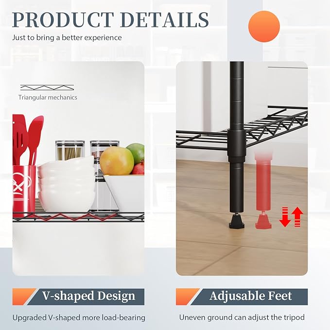 BestOffice 5-Shelf Storage Shelves, Adjustable Shelving Unit Wire Shelving Metal Shelves,11.6" D x 21.5" W x 47.6" H,Black