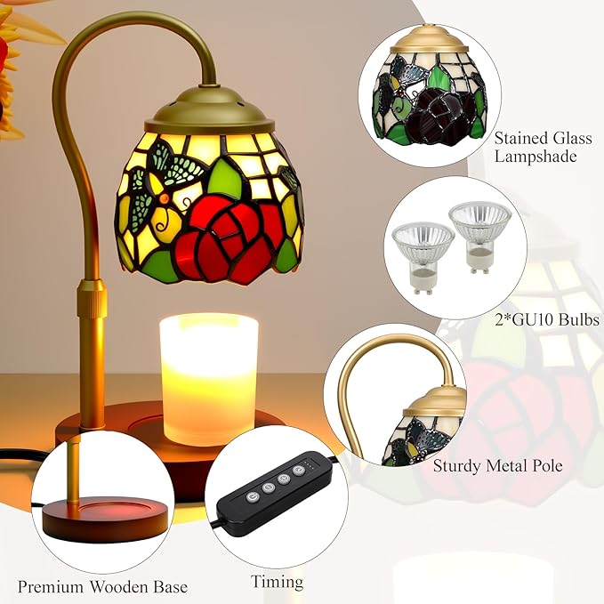 Candle Warmer Lamp with Timer Dimmer, Butterfly Tiffany Style Stained Glass Candle Lamp Warmer, Adjustable Wax Melt Warmer with 2 Bulbs for Small Jar Candles Christmas Birthday Gifts for Women