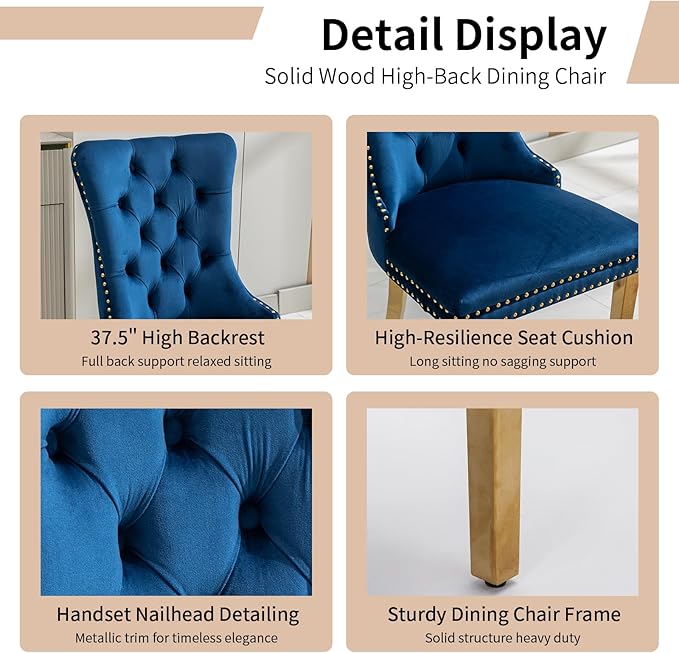 Luxury Upholstered Dining Chairs Set of 6, Blue Kitchen Chair with Golden Metal Legs, Velvet Tufted Back Dining Chair, Sillas de Comedor, Modern Kitchen & Dining Room Chairs (Blue, 6 Pcs)