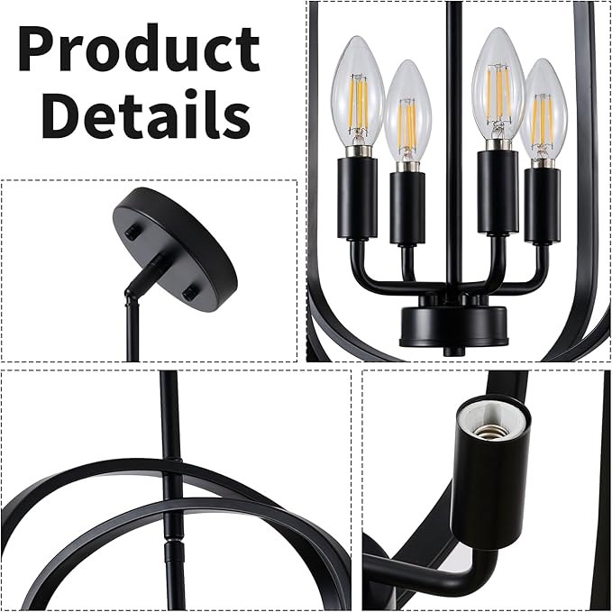 Black Chandelier Light Fixture, 4-Light Dining Room Chandelier Over Table Farmhouse Rustic Small Entryway Chandeliers Hanging Island Pendant Lights for Kitchen Entryway Foyer Living Room