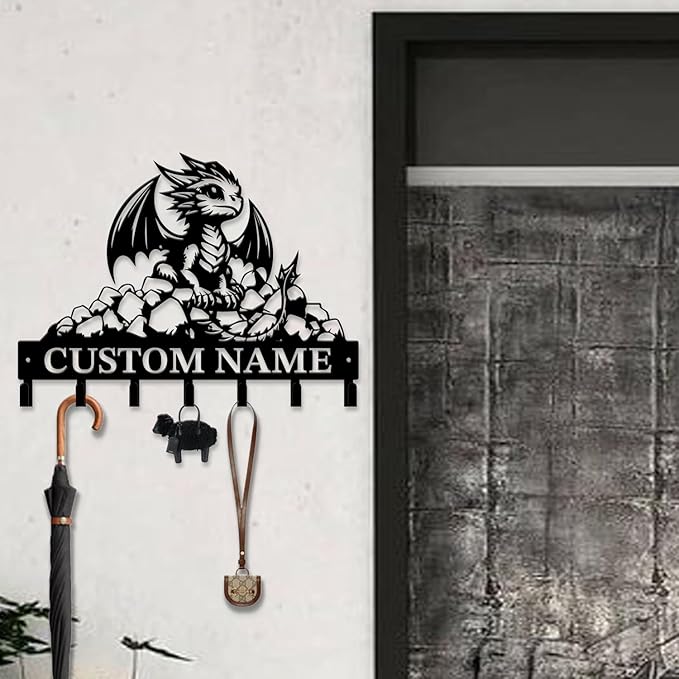 Customized Name Key Hook - Evil Dragon Design Keys Holder Decor Black Iron Metal Wall Organizer for Home & Office (Multiple Sizes) (Style C)