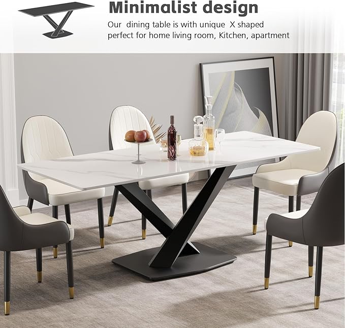 Modern Rectangle Marble Dining Table for 6,71" White Marble Sintered Stone Top Dining Table,Rectangle Dining Room Table with X-Shape Carbon Steel Pedestal for Kitchen/Living Room(Table Only)