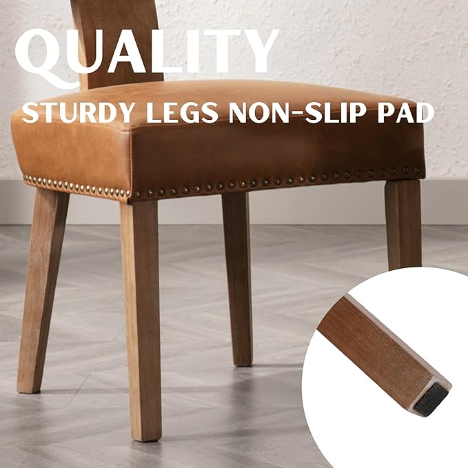 Mid Century Modern Dining Chairs Set of 6, Farmhouse Dining Chairs with Nailhead Trim, Faux Leather Upholstered Dining Room Chairs Kitchen Chairs with Wood Legs, Brown