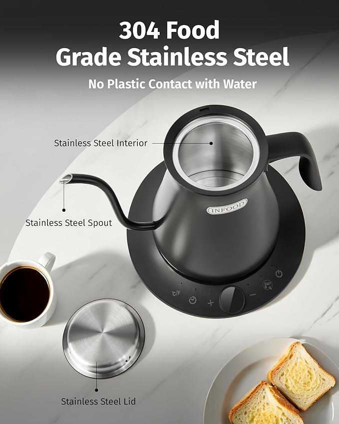 INFOOD 0.8L Gooseneck Electric Kettle, Precise Temperature Control for Pour Over Coffee & Tea, 1200W Fast Boiling Water, Auto Shut Off, Scheduling, Stainless Steel, Black