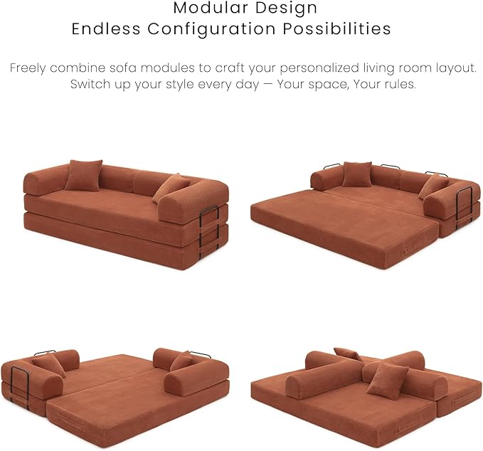 Compression Sofa - 79'' Convertible Sofa Bed, Boneless Couch in a Box, Modular Corduroy Foldable Sleeper Sofa with 2 Pillows, Loveseat Couches for Living Room (Corduroy Fabric, Orange)