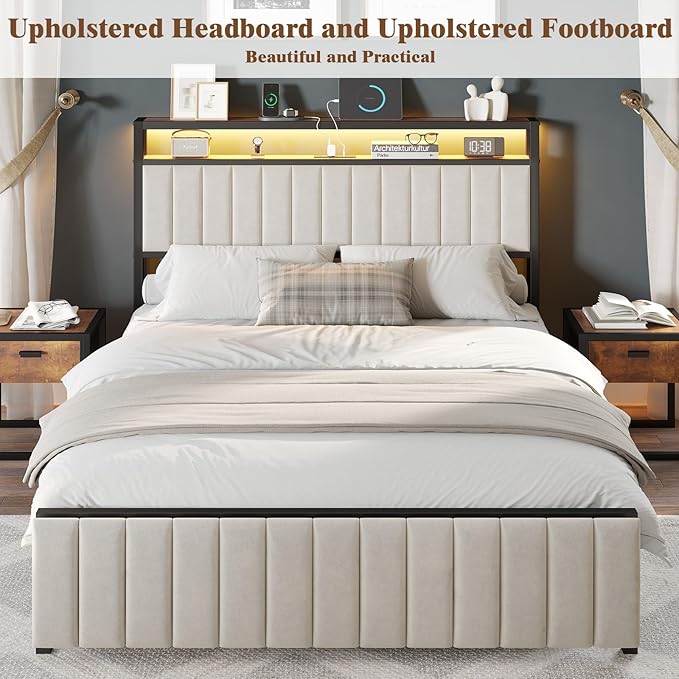 Full Bed Frame with Folding Bench and Charging Station, Velvet Upholstered Headboard with LED Light and Storage Shelf, Heavy Duty Metal Slats/No Box Spring Needed/Easy Assembly, Beige