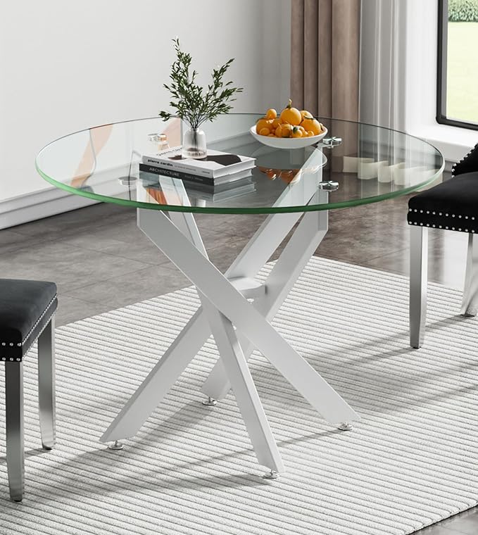 36" Round Dining Table for 4, Modern Clear Glass Kitchen Table for 4 with White X Metal Legs, Contemporary Small Circle Dining Room Leisure Tables for Kitchen Apartment