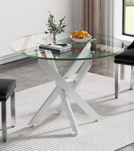 36" Round Dining Table for 4, Modern Clear Glass Kitchen Table for 4 with White X Metal Legs, Contemporary Small Circle Dining Room Leisure Tables for Kitchen Apartment