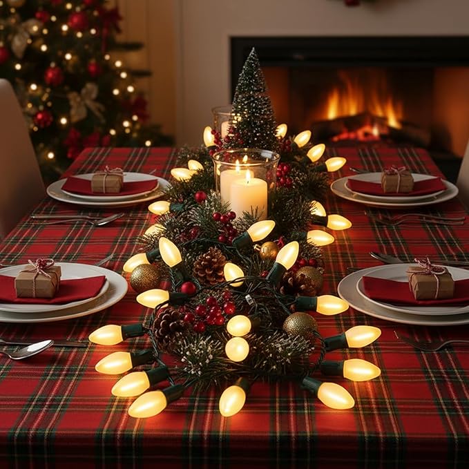 C7 LED Christmas Lights,25ft Frosted Christmas String Lights with 27 LED Frosted White Bulbs,Vintage Warm White Hanging Light for Outdoor Christmas Roofline Party Decorations