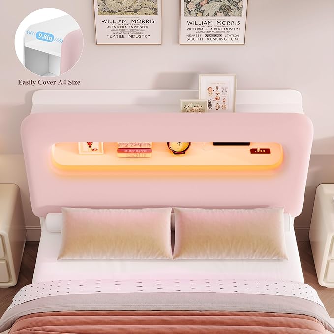 HOSTACK Full LED Bed Frame with Storage Headboard and Charging Station, Girls Bed Frame with 4 Drawers and USB Ports, Velvet Upholstered Platform Bed Frame with Bookcase, No Box Spring Needed, Pink