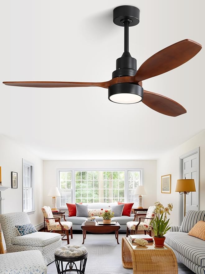 Sofucor Ceiling Fan with Lights and Remote, 52 inch Modern LED Ceiling Fan with 3 Wood Blades and 3 Black Downrods, for Indoor Bedroom Living Room Outdoor Patio Porch, Reversible, Quiet and Powerful